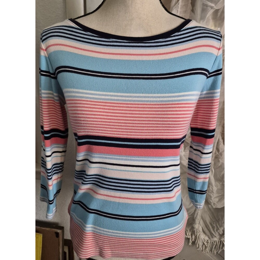 Talbots Cotton Knit Top Womens XS Stripe 3/4 Sleeve Boat Neck Pink Blue White